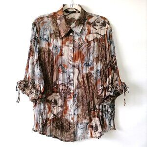 Belissimo Womens Brown Collared 3/4 Balloon Sleeve Button Up Shirt Size 1X